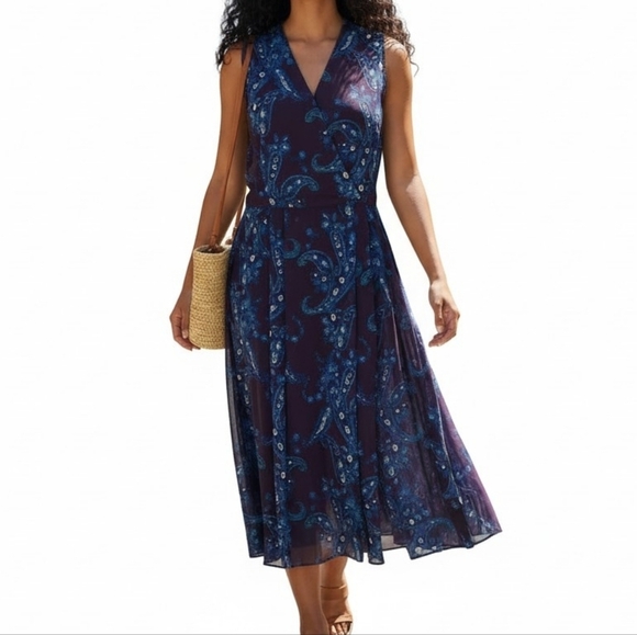 CAbi Dresses & Skirts - CAbi Treasure Midi Dress Size 8 Purple Blue Paisley Chiffon Sleeveless